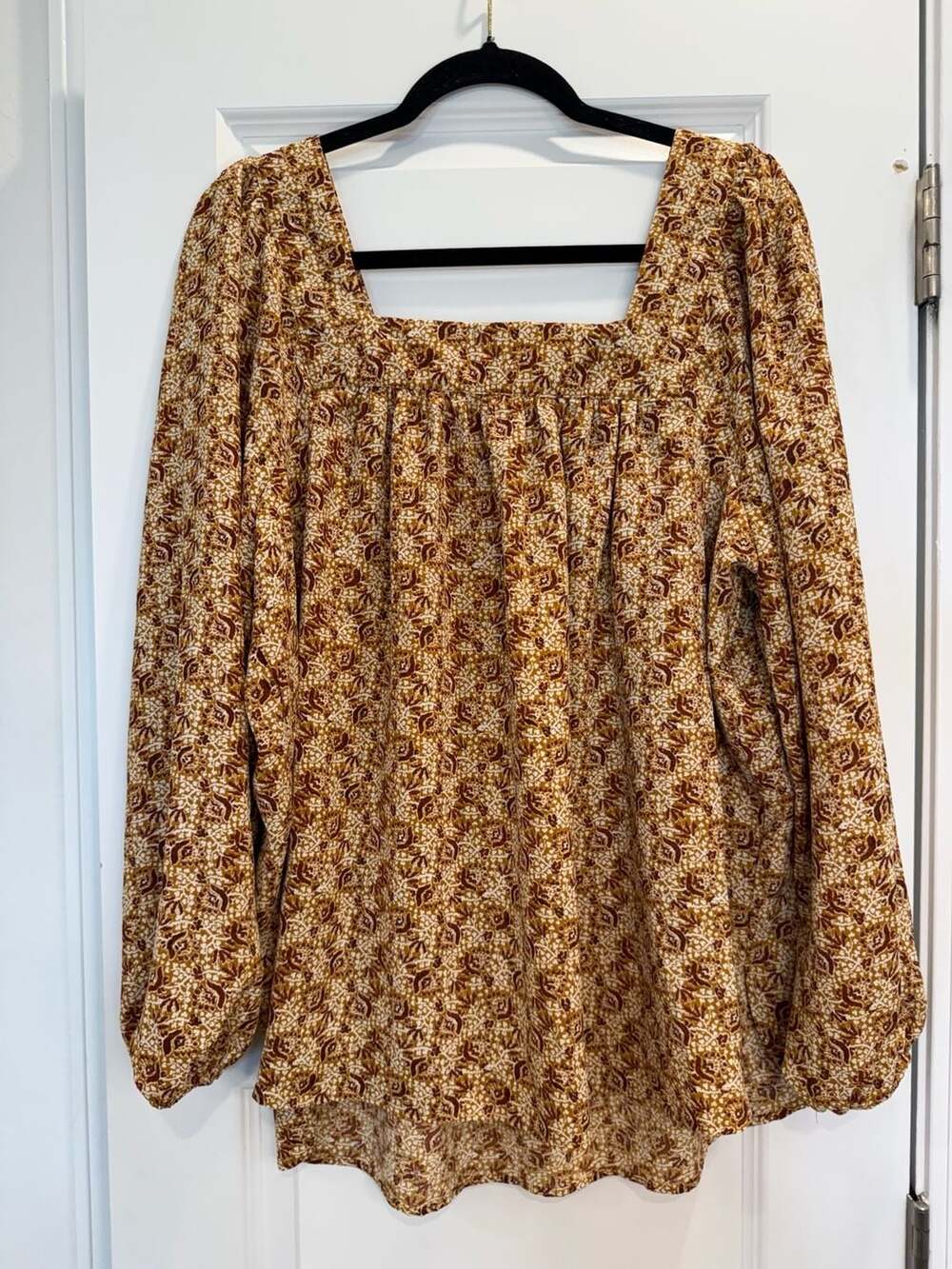 1X Wonderly Brown Floral Square Neck Long Sleeve Cottagecore Fall/Autumn Blouse